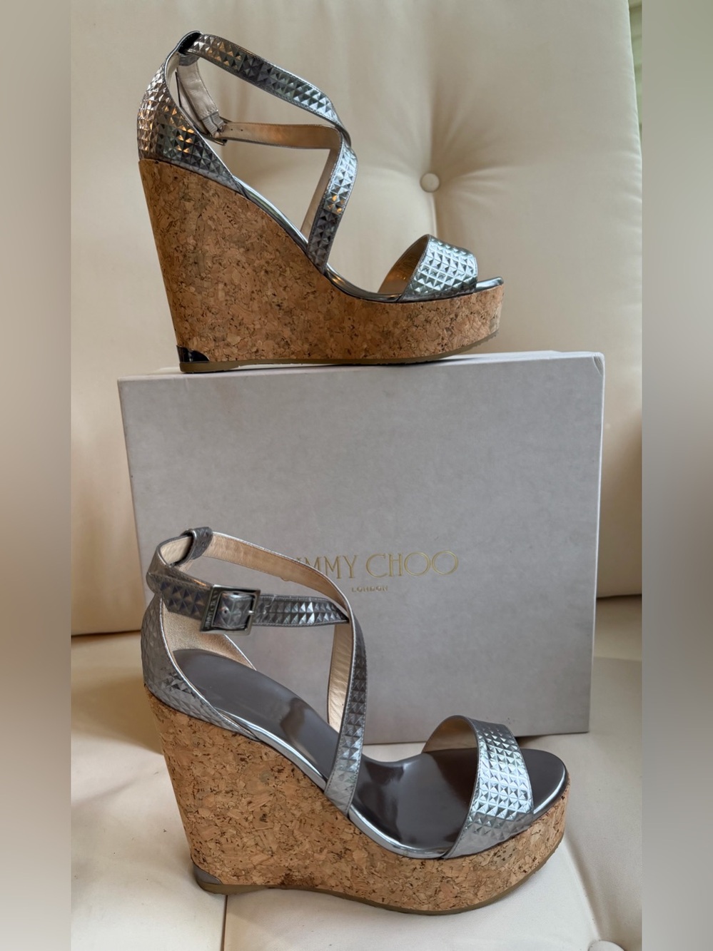 Jimmy Choo Pewter Metallic Crisscross Studded Ankle-Strap Heels